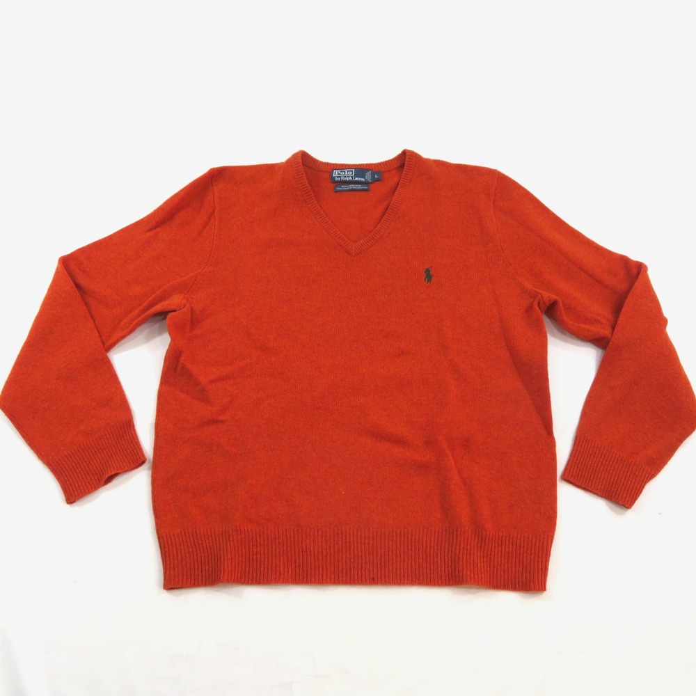 Polo by Ralph Lauren V-Neck Lamb's Wool Sweater Orangish Rust Pullover Sz L